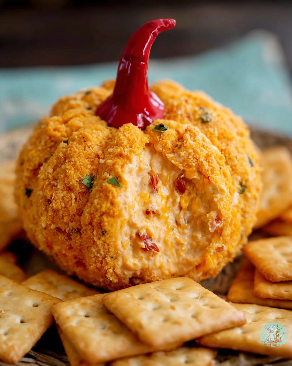 A festive Pumpkin-Shaped Cheese Ball with Ritz Crackers, featuring a red pepper stem and a scoop taken out to show the creamy filling.
