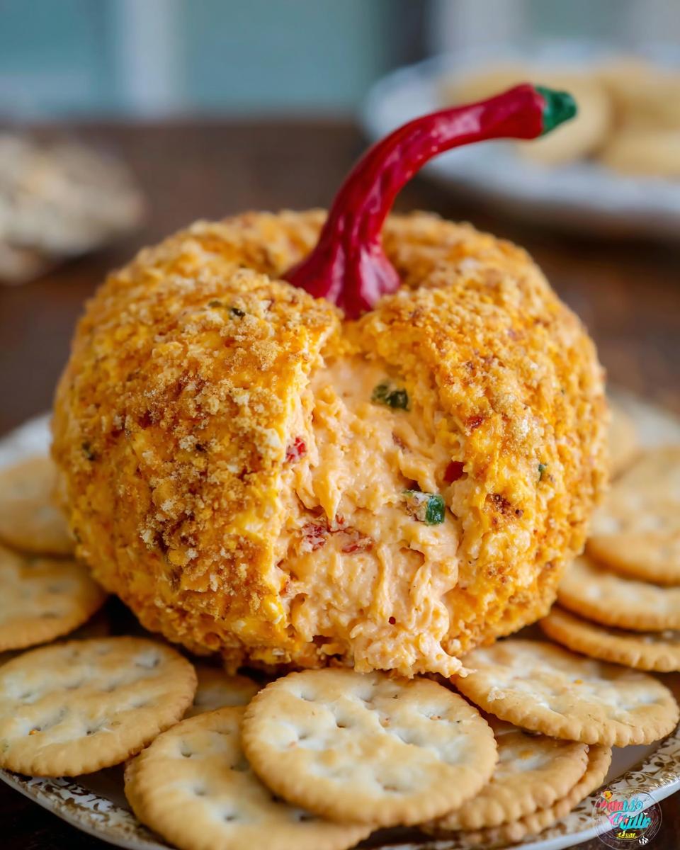 Close-up of a Pumpkin-Shaped Cheese Ball with Ritz Crackers, showing the creamy interior and cracker coating.