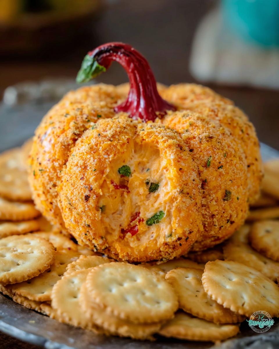 A festive Pumpkin-Shaped Cheese Ball with Ritz Crackers on a serving platter, partially cut to show the filling.