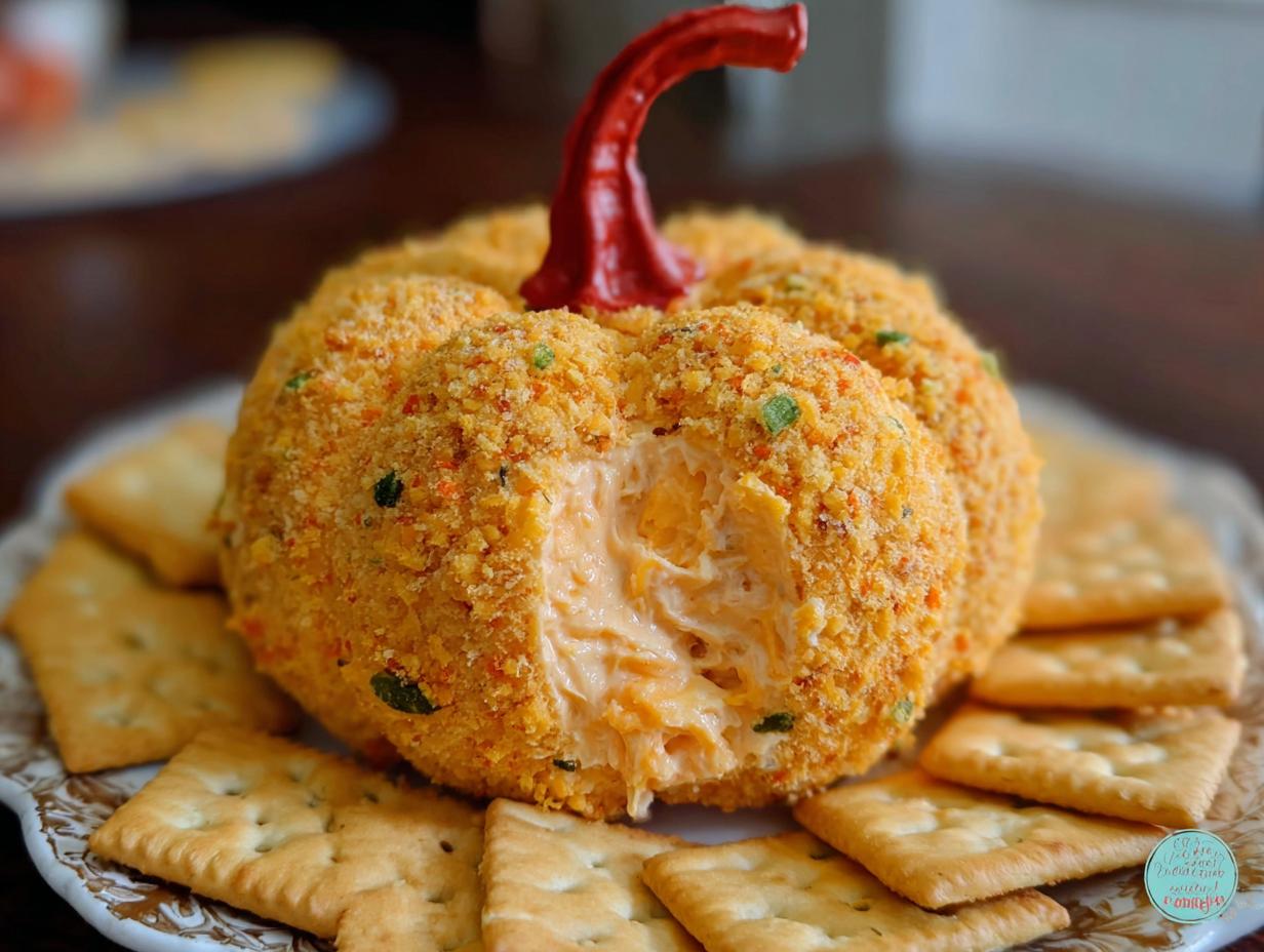 Delicious Pumpkin-Shaped Cheese Ball with Ritz Crackers, perfect for fall entertaining.