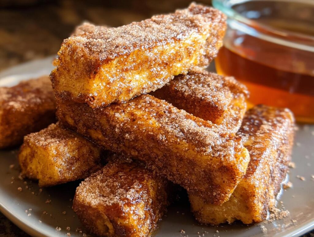 A stack of golden brown Pumpkin Spice French Toast Sticks, sprinkled with cinnamon sugar, served with syrup.