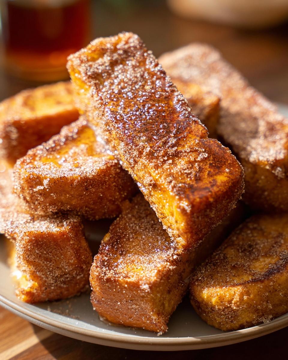 A stack of baked Pumpkin Spice French Toast Sticks, coated in cinnamon sugar, on a plate.