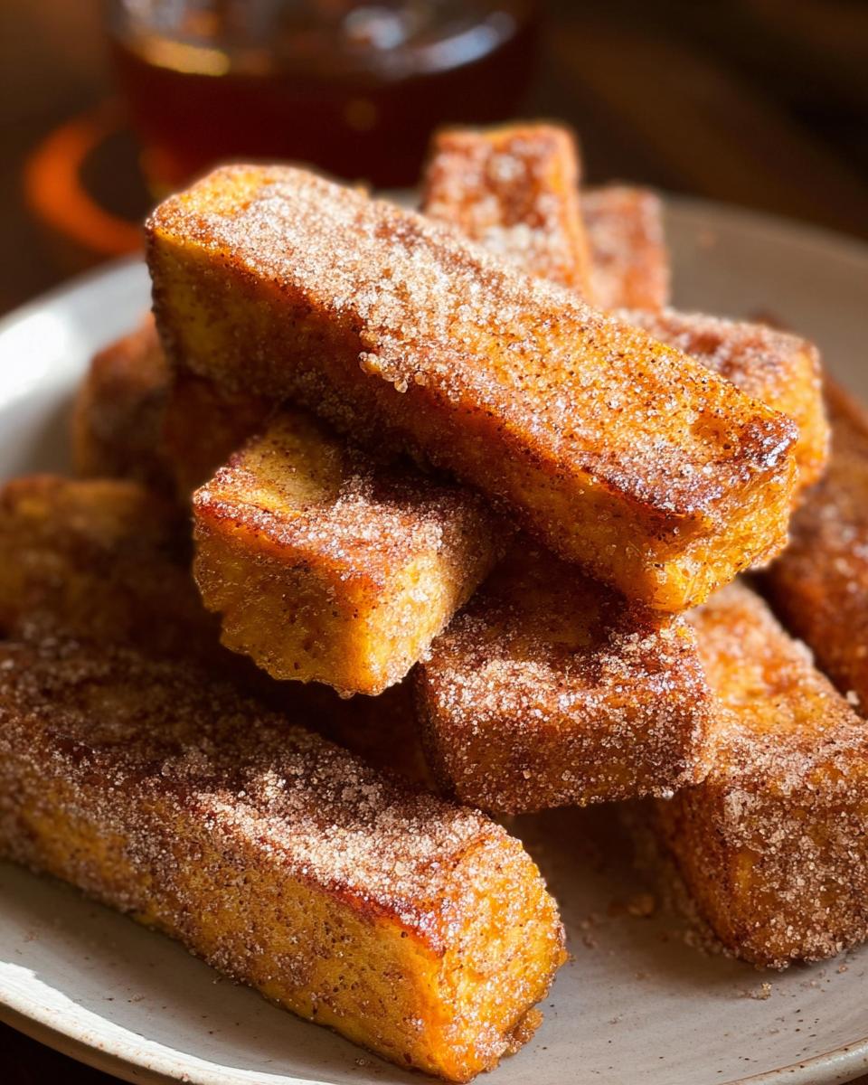 A stack of baked Pumpkin Spice French Toast Sticks coated in cinnamon sugar on a plate.