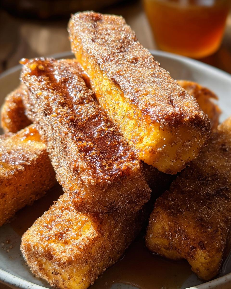 A stack of baked Pumpkin Spice French Toast Sticks coated in cinnamon sugar and drizzled with syrup.