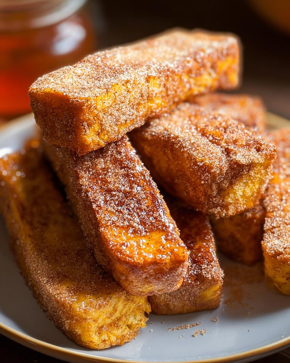 A stack of baked Pumpkin Spice French Toast Sticks coated in cinnamon sugar on a plate.