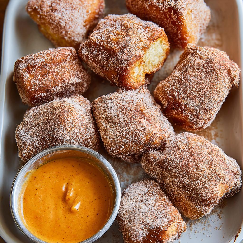 Close-up of Pumpkin Spice Halloween French Toast bites coated in cinnamon sugar with a side of pumpkin spice dip.
