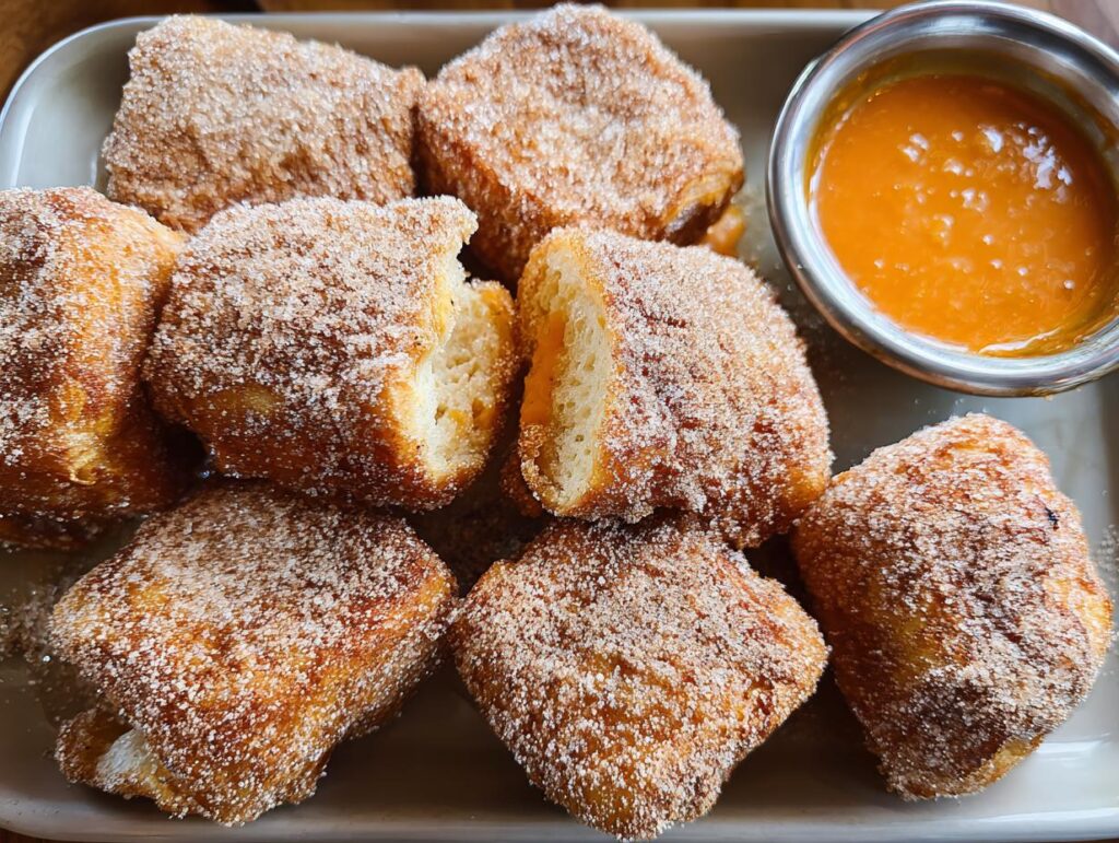 Close-up of Pumpkin Spice Halloween French Toast bites coated in cinnamon sugar, served with a side of orange dipping sauce.