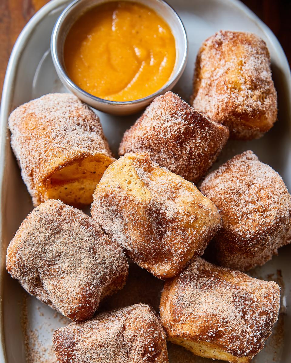 A plate of golden-brown Pumpkin Spice Halloween French Toast bites coated in cinnamon sugar, served with a side of pumpkin dipping sauce.