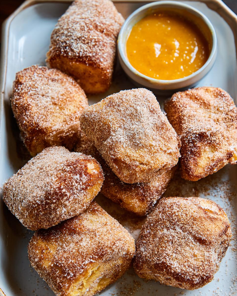 Close-up of Pumpkin Spice Halloween French Toast bites coated in cinnamon sugar, served with a side of pumpkin dip.