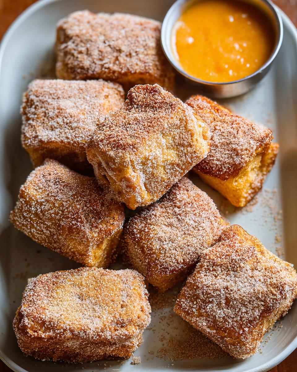 Golden brown Pumpkin Spice Halloween French Toast bites coated in cinnamon sugar, served with a side of orange dipping sauce.