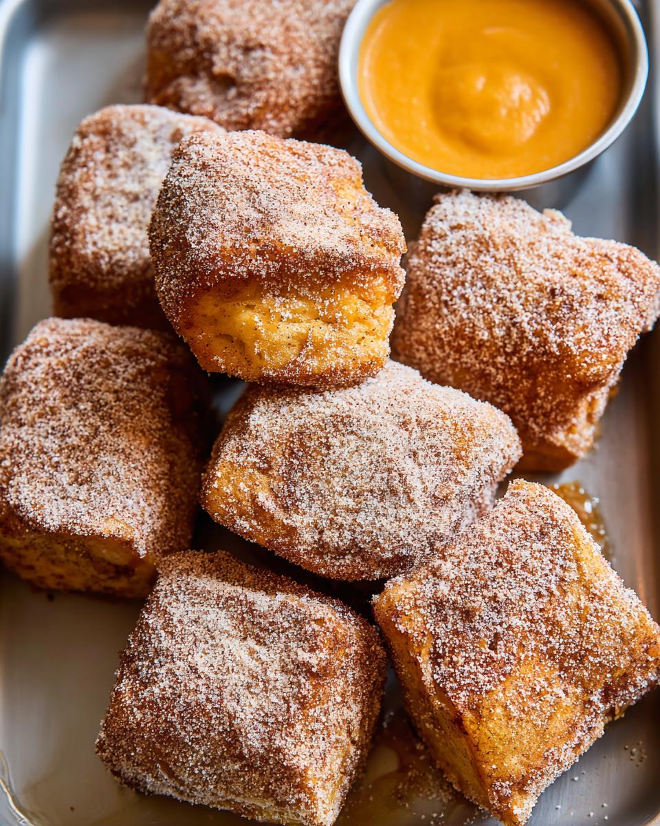A pile of golden-brown Pumpkin Spice Halloween French Toast bites coated in cinnamon sugar, served with a side of pumpkin dipping sauce.