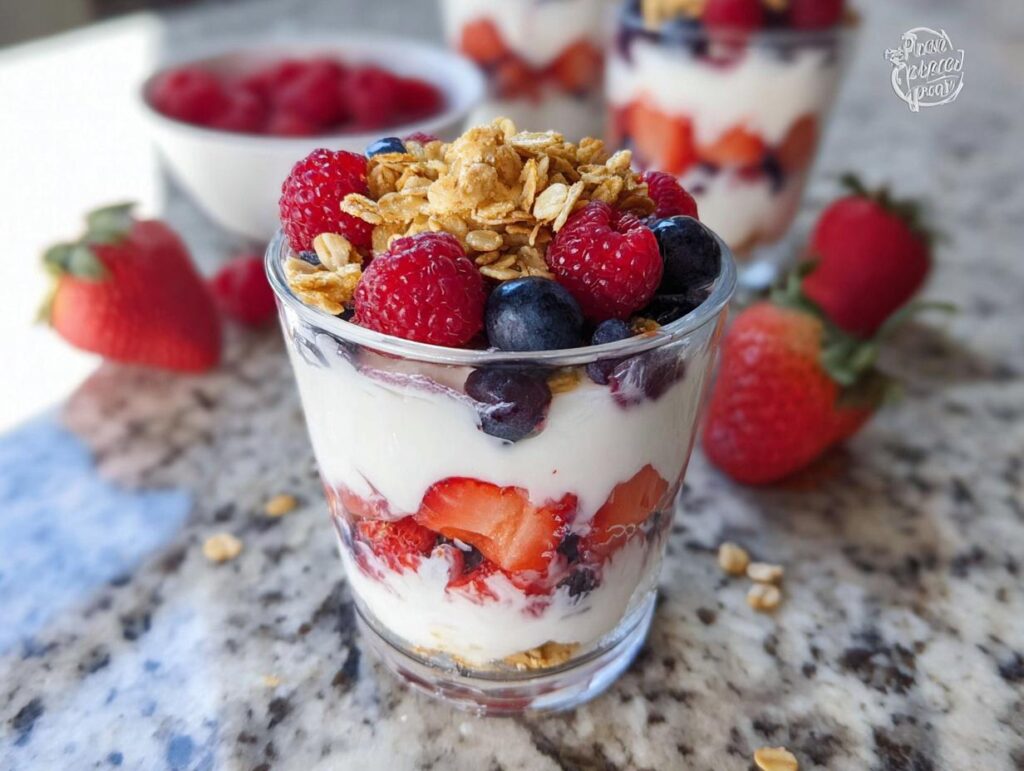 Close-up of a Quick Breakfast Parfait layered with yogurt, strawberries, blueberries, raspberries, and granola.