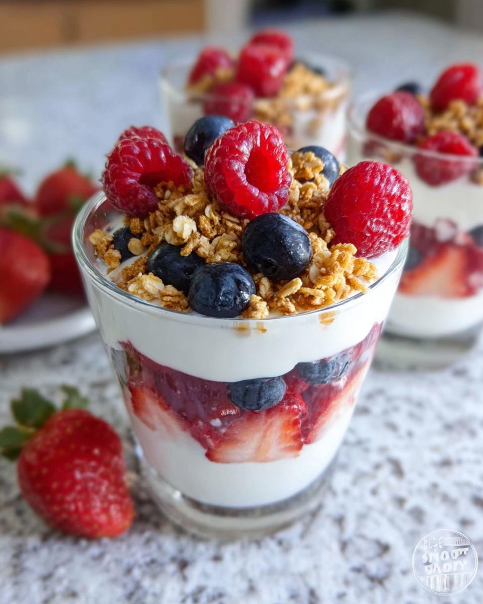 Close-up of Quick Breakfast Parfaits layered with yogurt, strawberries, blueberries, raspberries, and granola in a glass.