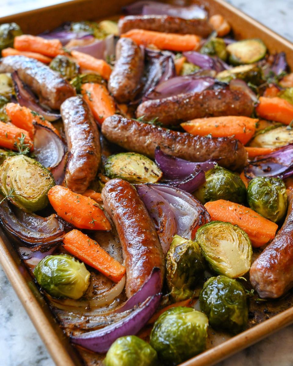 Overhead shot of Sheet‑Pan Sausage & Veggies, featuring sausages, carrots, Brussels sprouts, and red onions on a baking sheet.