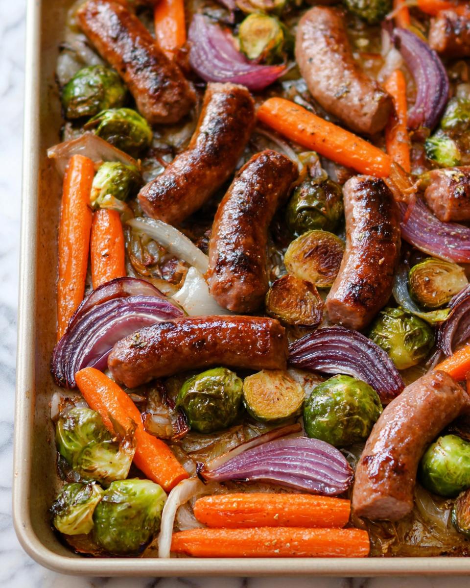 Overhead view of Sheet‑Pan Sausage & Veggies, featuring sausage, carrots, Brussels sprouts, and red onions on a baking sheet.