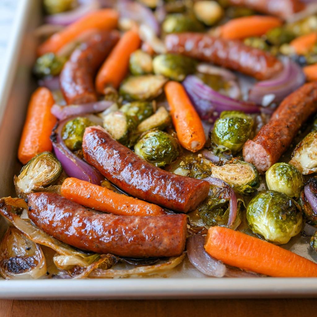 Close up of Sheet‑Pan Sausage & Veggies, featuring sausage, carrots, Brussels sprouts, and red onions.