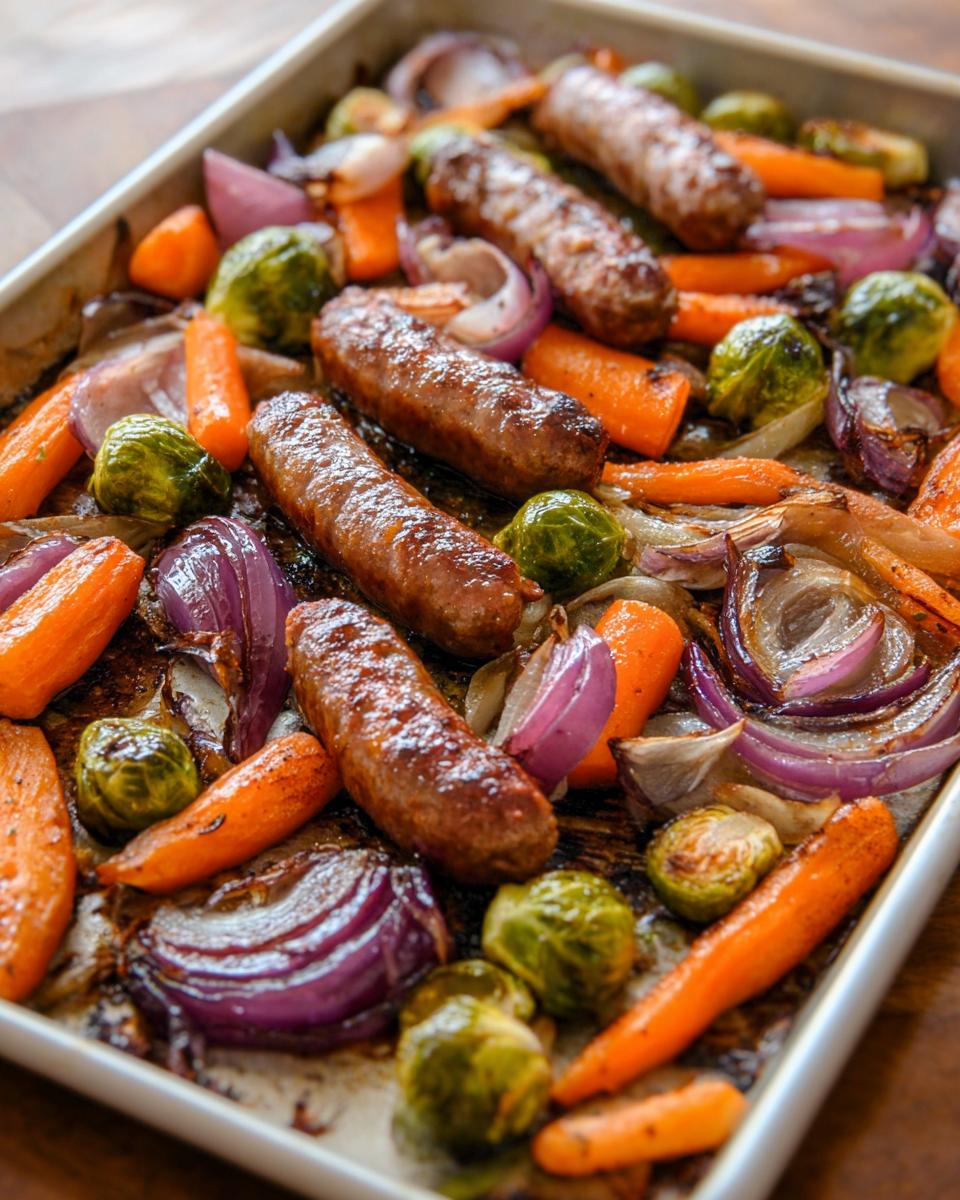 Roasted Sheet‑Pan Sausage & Veggies, featuring sausage, carrots, red onions, and Brussels sprouts.