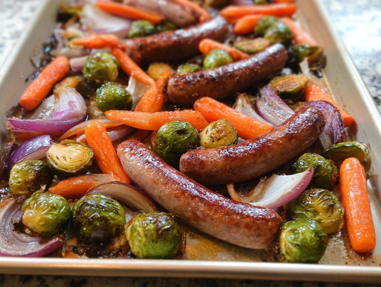 Overhead shot of Sheet‑Pan Sausage & Veggies, including sausage, carrots, onions, and brussel sprouts on a baking sheet.