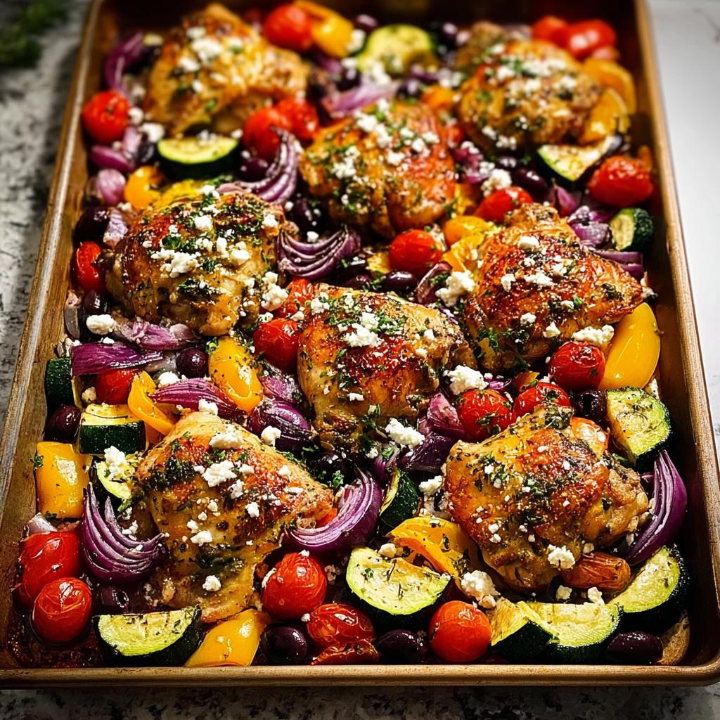 A close-up of a Simple Chicken Sheet Pan Dinner featuring golden-brown chicken thighs surrounded by colorful roasted vegetables like zucchini, bell peppers, red onion, and cherry tomatoes, topped with feta cheese.