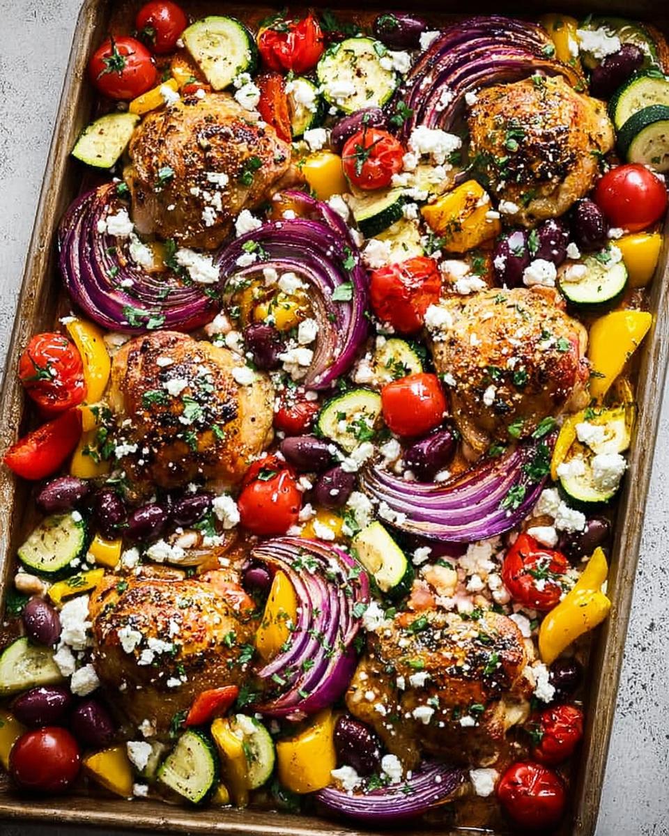 A colorful and vibrant Simple Chicken Sheet Pan Dinner featuring golden-brown chicken thighs, red onion, zucchini, bell peppers, tomatoes, olives, and feta cheese.