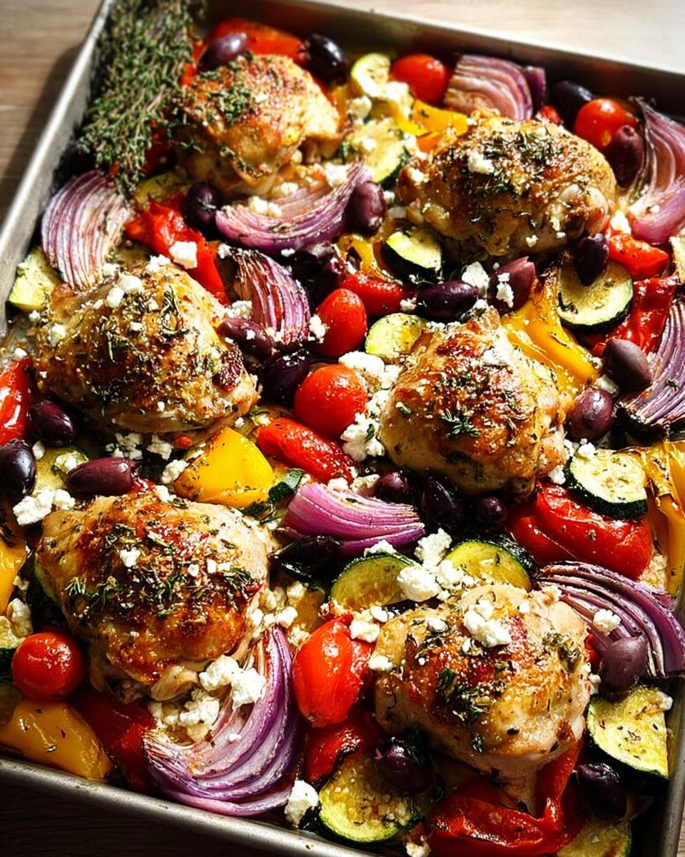 A Simple Chicken Sheet Pan Dinner featuring roasted chicken thighs with colorful vegetables like bell peppers, zucchini, red onion, tomatoes, and olives, topped with feta cheese.