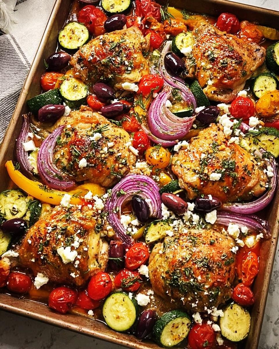 A close-up of a Simple Chicken Sheet Pan Dinner featuring roasted chicken thighs, zucchini, cherry tomatoes, red onion, olives, and feta cheese.