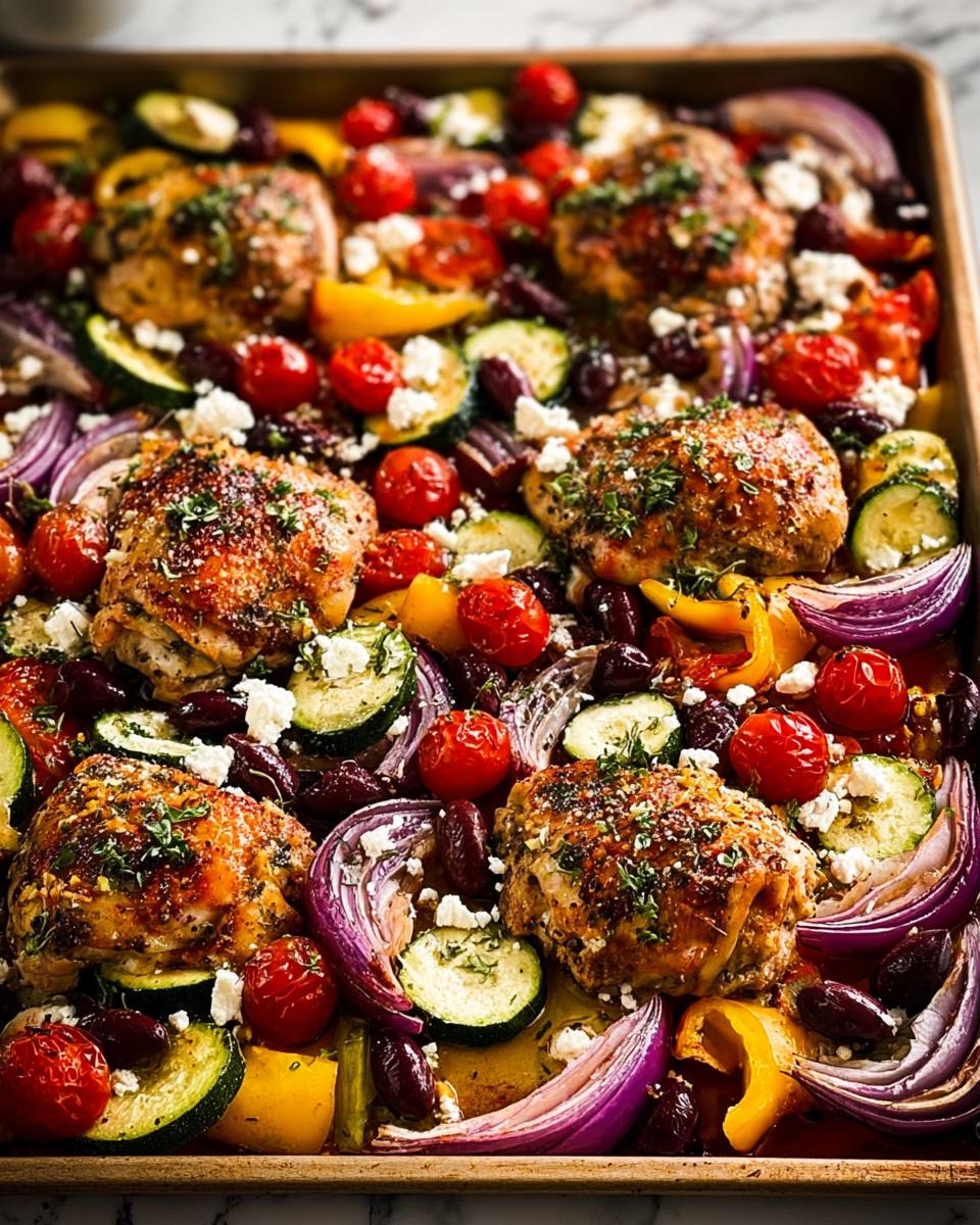 A close-up view of a Simple Chicken Sheet Pan Dinner with roasted chicken thighs, cherry tomatoes, zucchini, bell peppers, red onion, olives, and feta cheese.