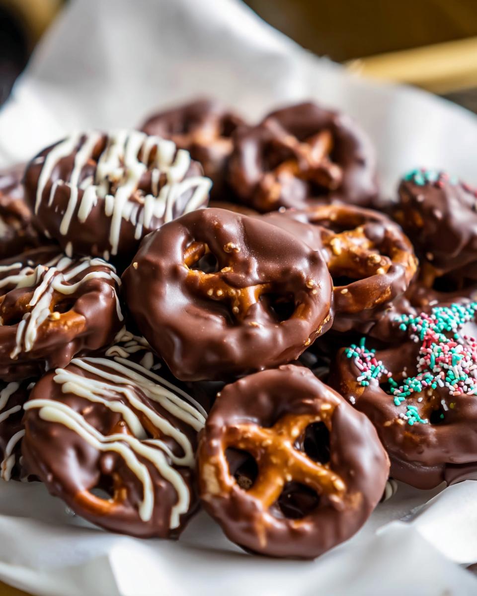 A close-up of a pile of simple chocolate-dipped pretzels, some drizzled with white chocolate and others with colorful sprinkles.