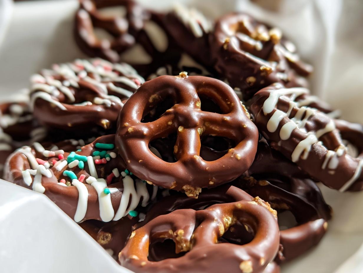A close-up of a pile of simple chocolate-dipped pretzels, some with white drizzle and colorful sprinkles.
