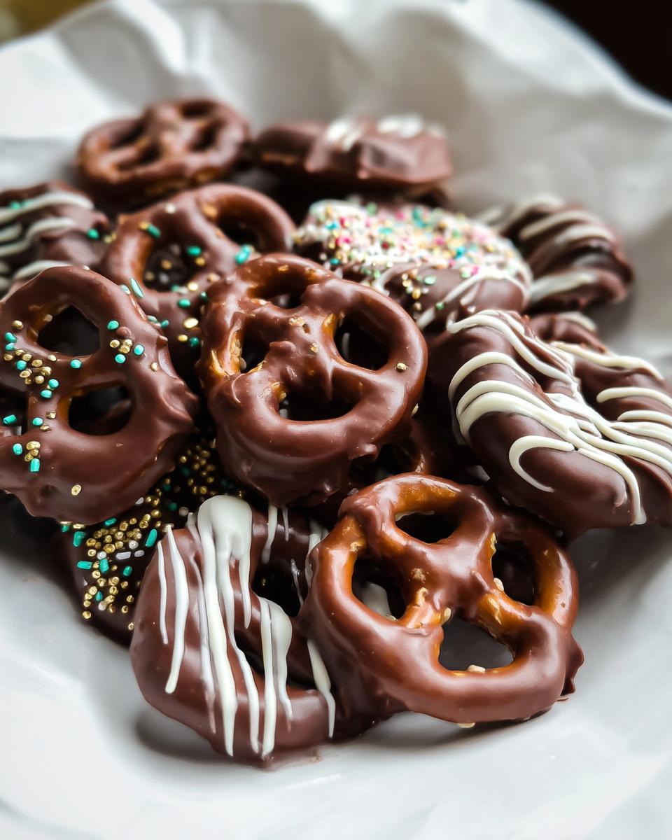 A pile of delicious Simple Chocolate-Dipped Pretzels, some with colorful sprinkles and white chocolate drizzle.