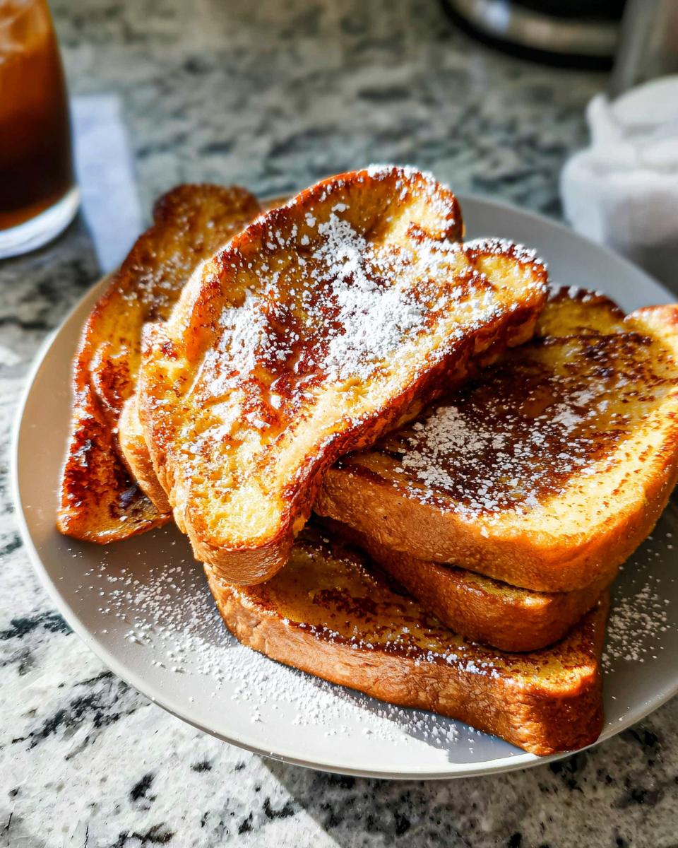 A stack of golden brown Simple French Toast slices dusted with powdered sugar on a gray plate.