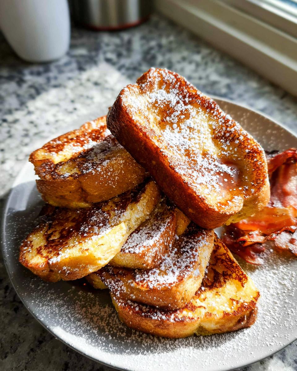 A stack of golden-brown Simple French Toast slices dusted with powdered sugar on a plate with bacon.