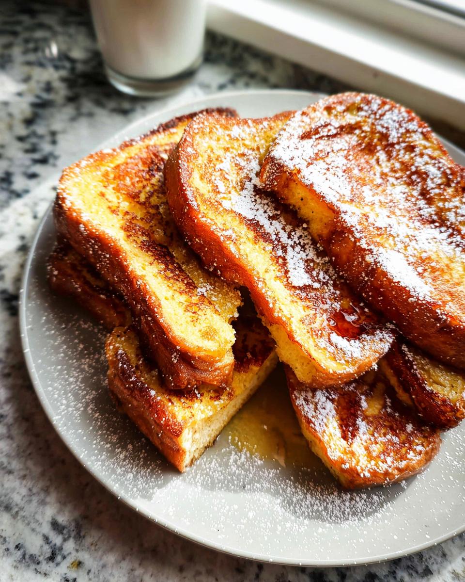 A stack of golden brown Simple French Toast slices dusted with powdered sugar on a plate.
