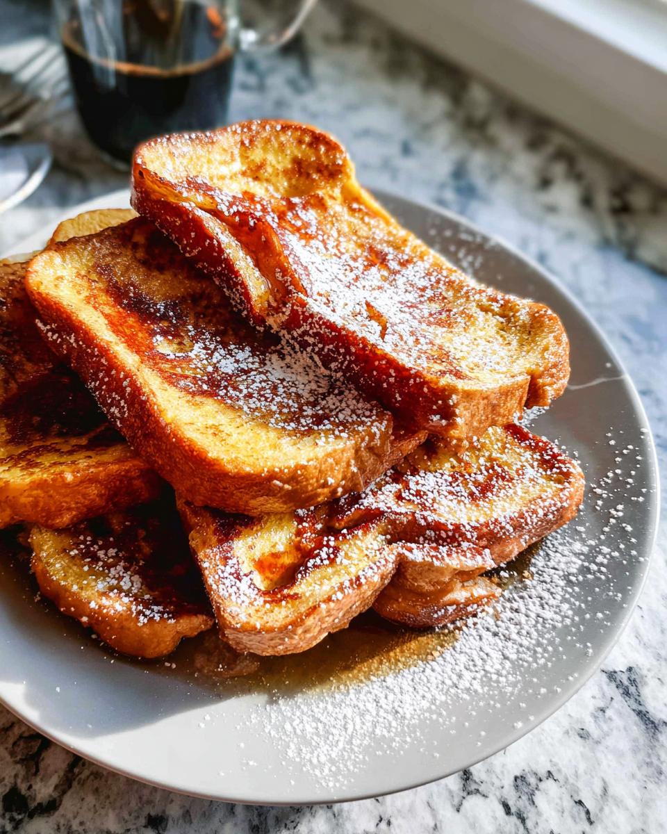 A stack of golden-brown Simple French Toast slices generously dusted with powdered sugar and drizzled with syrup.