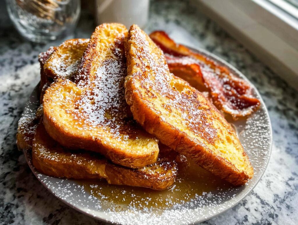 A stack of golden brown Simple French Toast slices, dusted with powdered sugar and served with bacon.