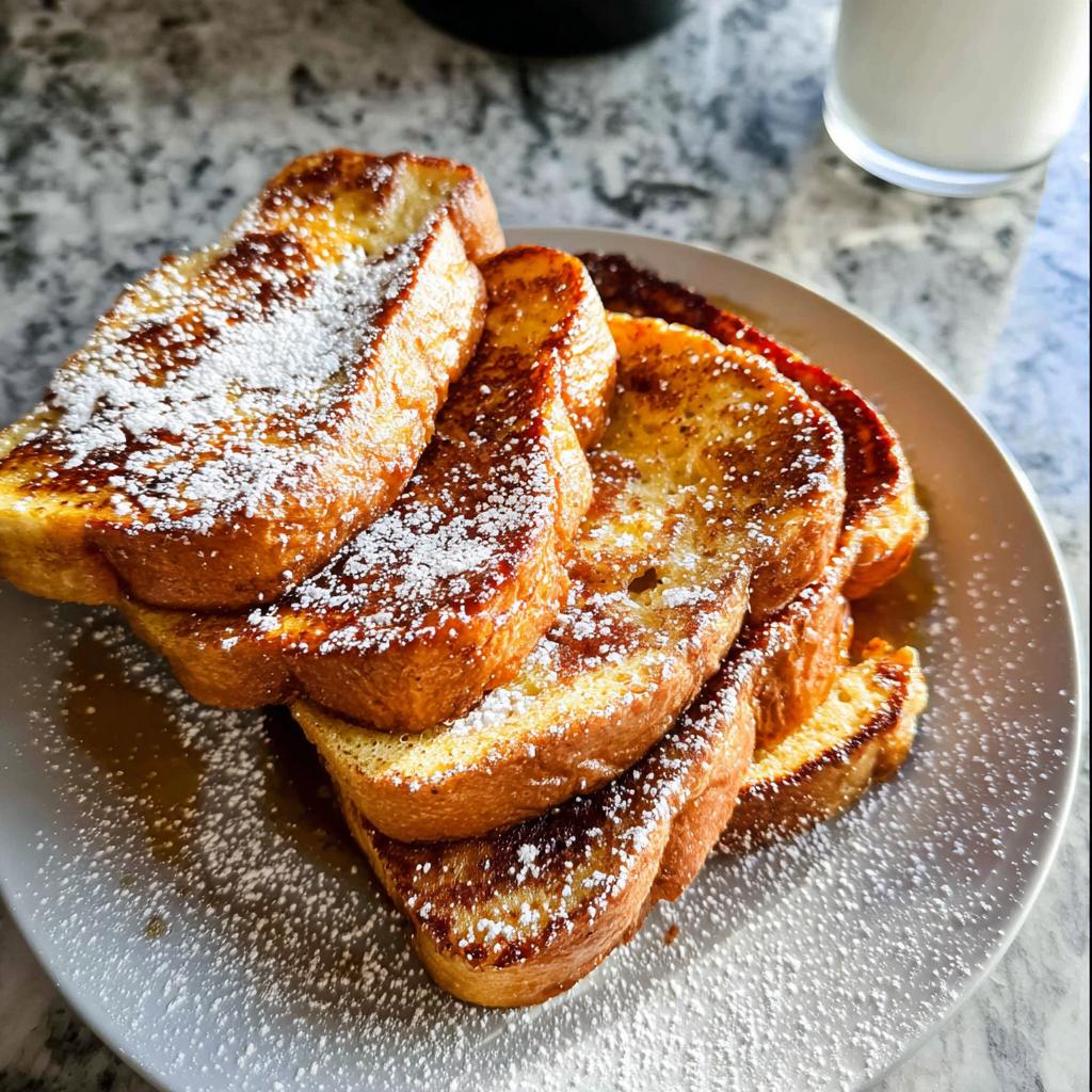 A stack of golden brown Simple French Toast slices, dusted with powdered sugar and drizzled with syrup.