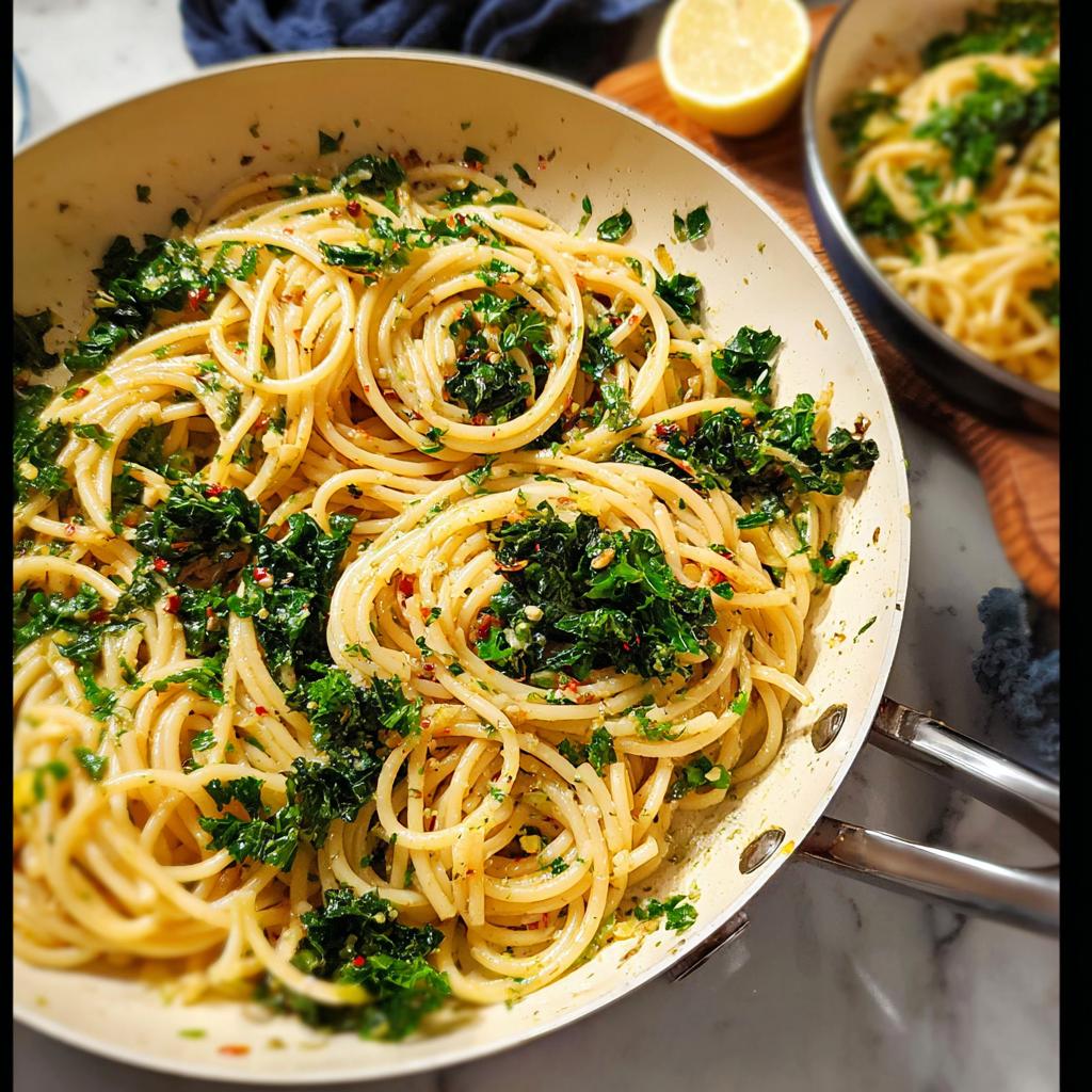 Close-up of Spaghetti Aglio e Olio tossed with fresh kale and red pepper flakes in a pan.