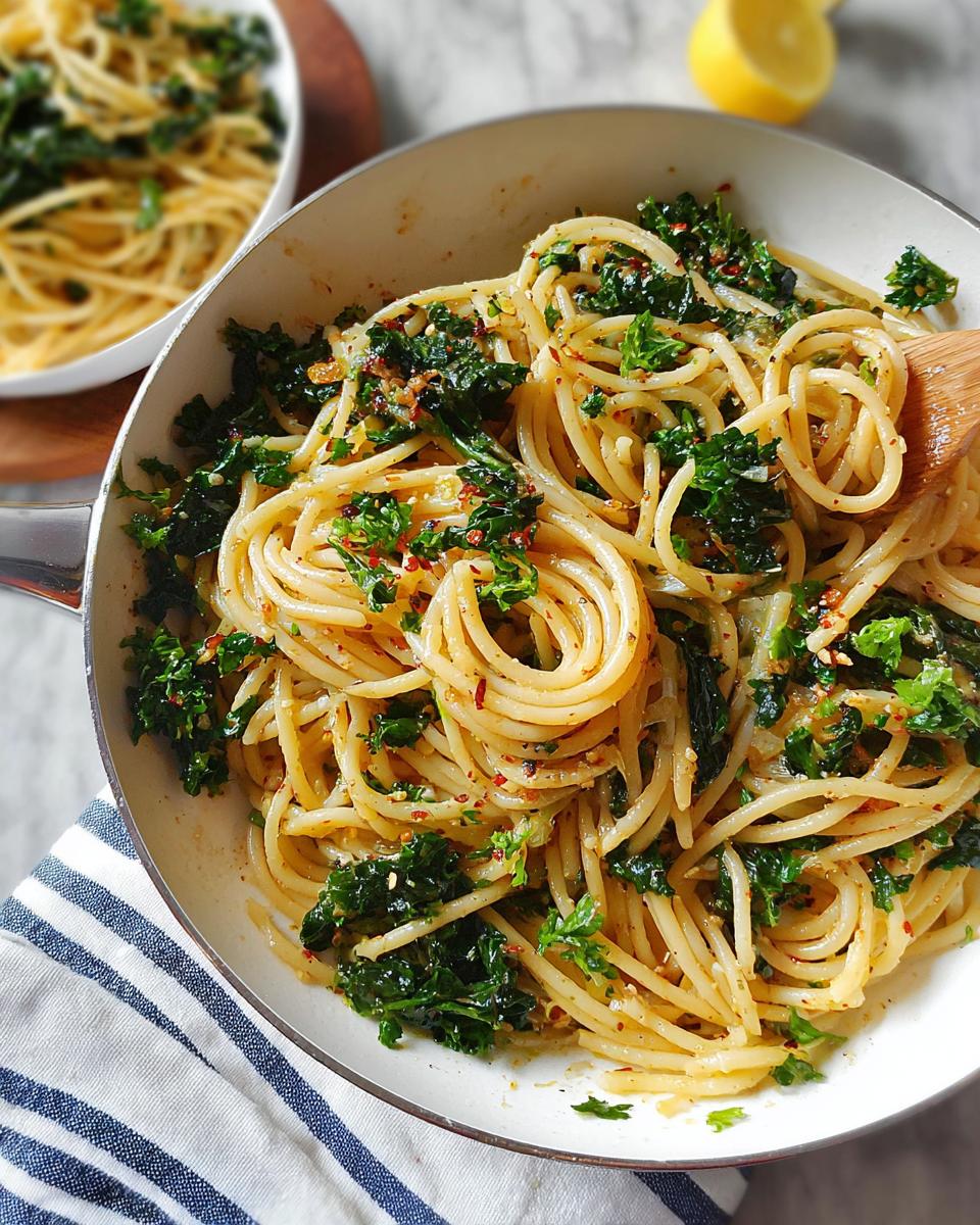 A close-up of Spaghetti Aglio e Olio with wilted kale and red pepper flakes in a white pan.