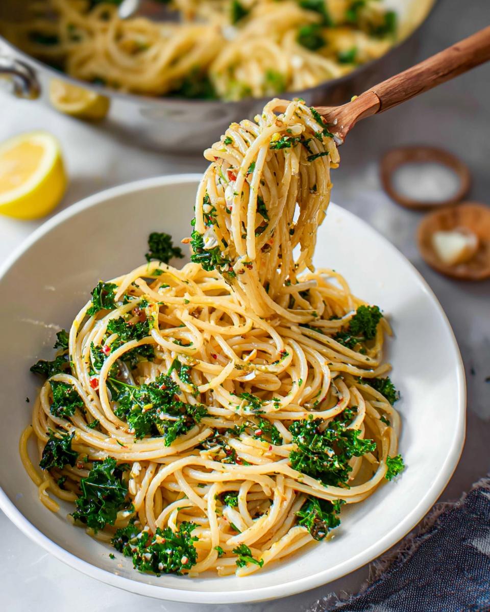 A serving of Spaghetti Aglio e Olio with chopped kale, being lifted from a bowl with a wooden spoon.
