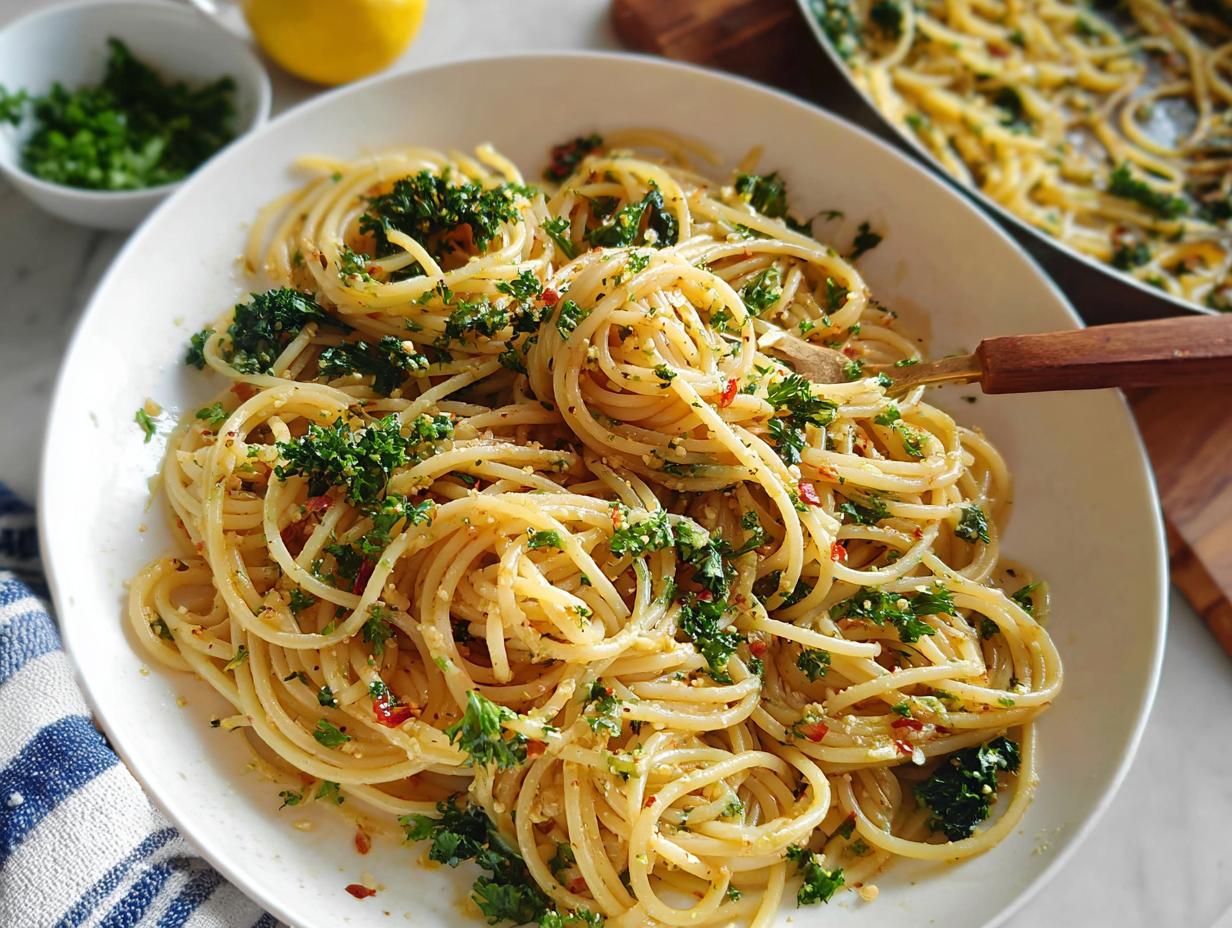 A close-up of a white bowl filled with Spaghetti Aglio e Olio, garnished with fresh parsley and chili flakes.