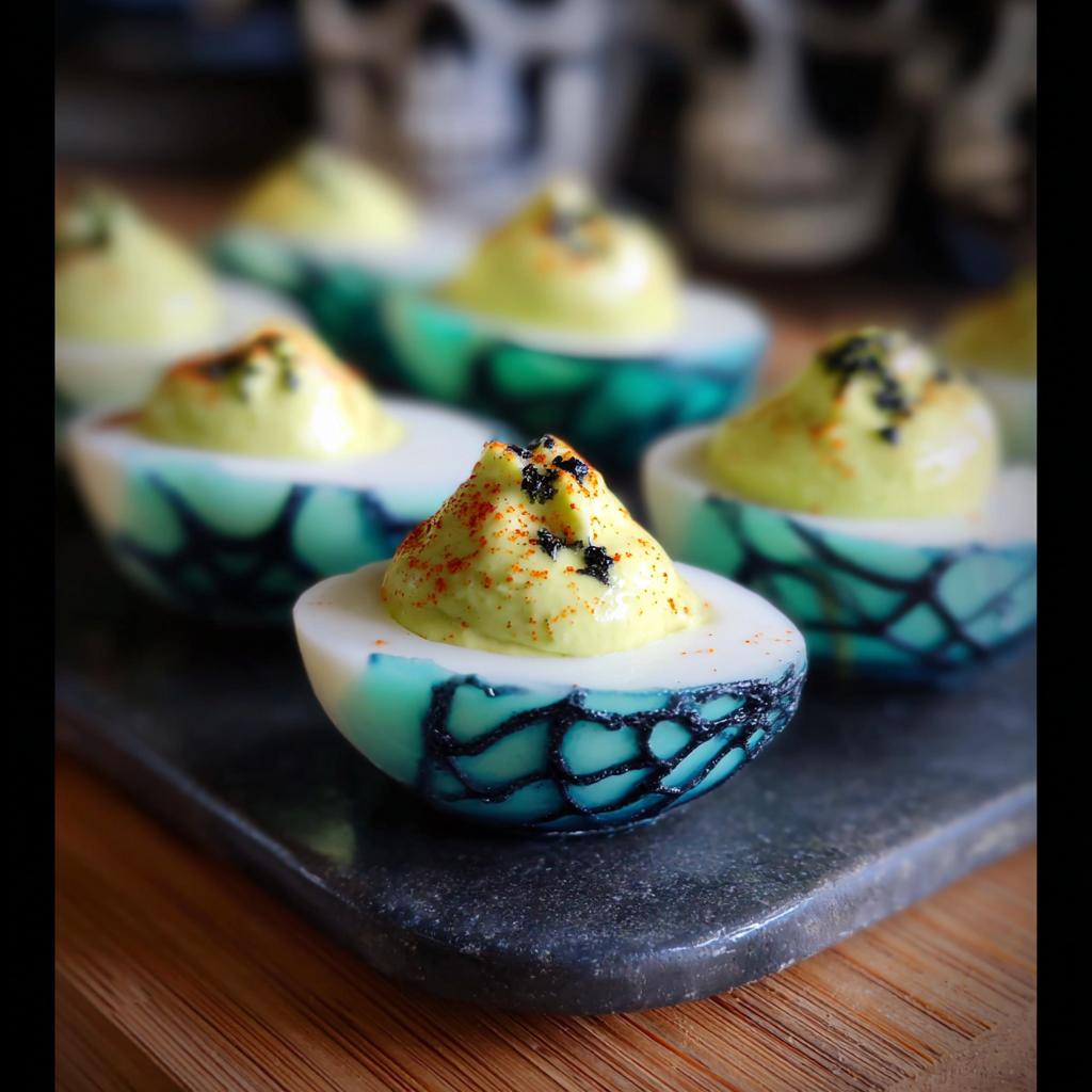 Close-up of Spider Deviled Eggs with Paprika Webs on a serving tray, decorated for Halloween.