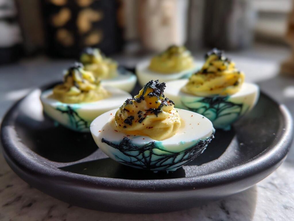 Close-up of Spider Deviled Eggs with Paprika Webs, featuring black spiderweb design and paprika topping.