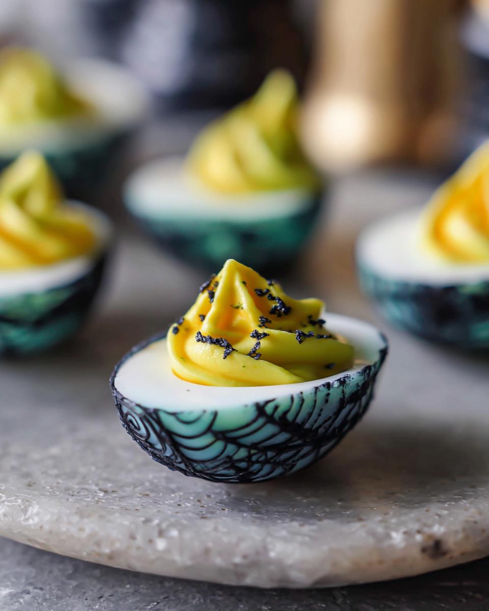 Close-up of Spider Deviled Eggs with piped yellow filling, black sprinkles, and spiderweb design on the egg.