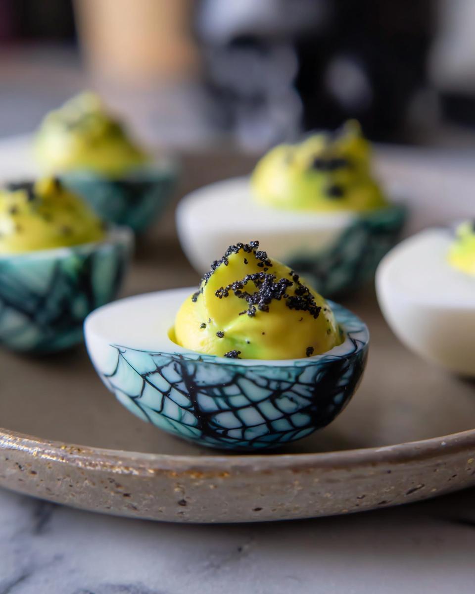 Close-up of Spider Deviled Eggs with Paprika Webs, featuring a web design and black sesame seed garnish.