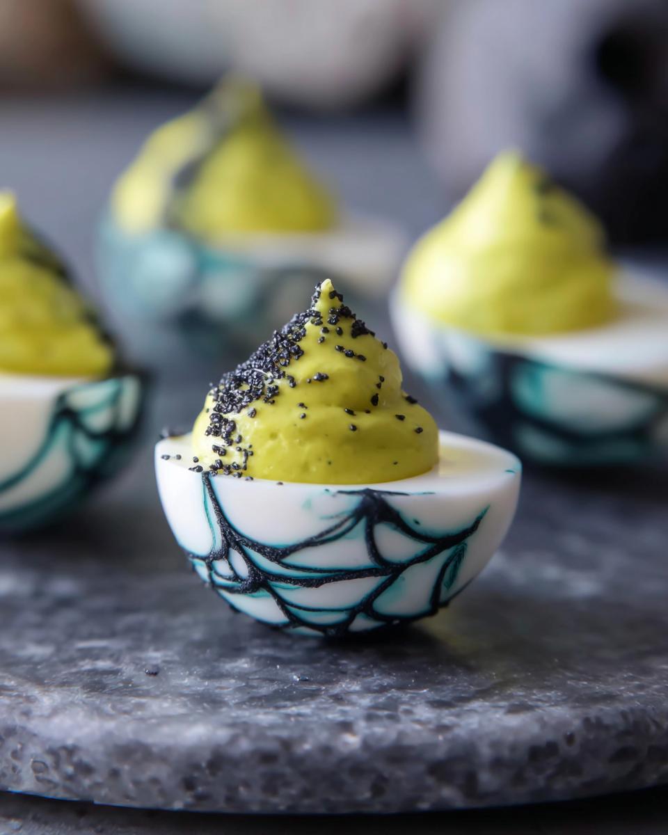 Close-up of Spider Deviled Eggs with green filling, black sprinkles, and spiderweb design on the egg white.
