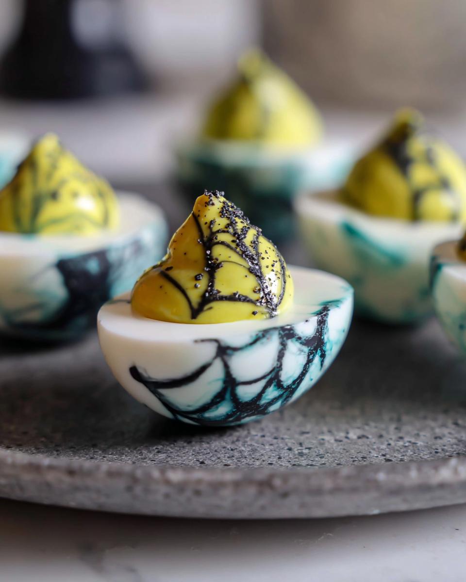 Close-up of Spider Deviled Eggs decorated with paprika webs for a spooky Halloween treat.