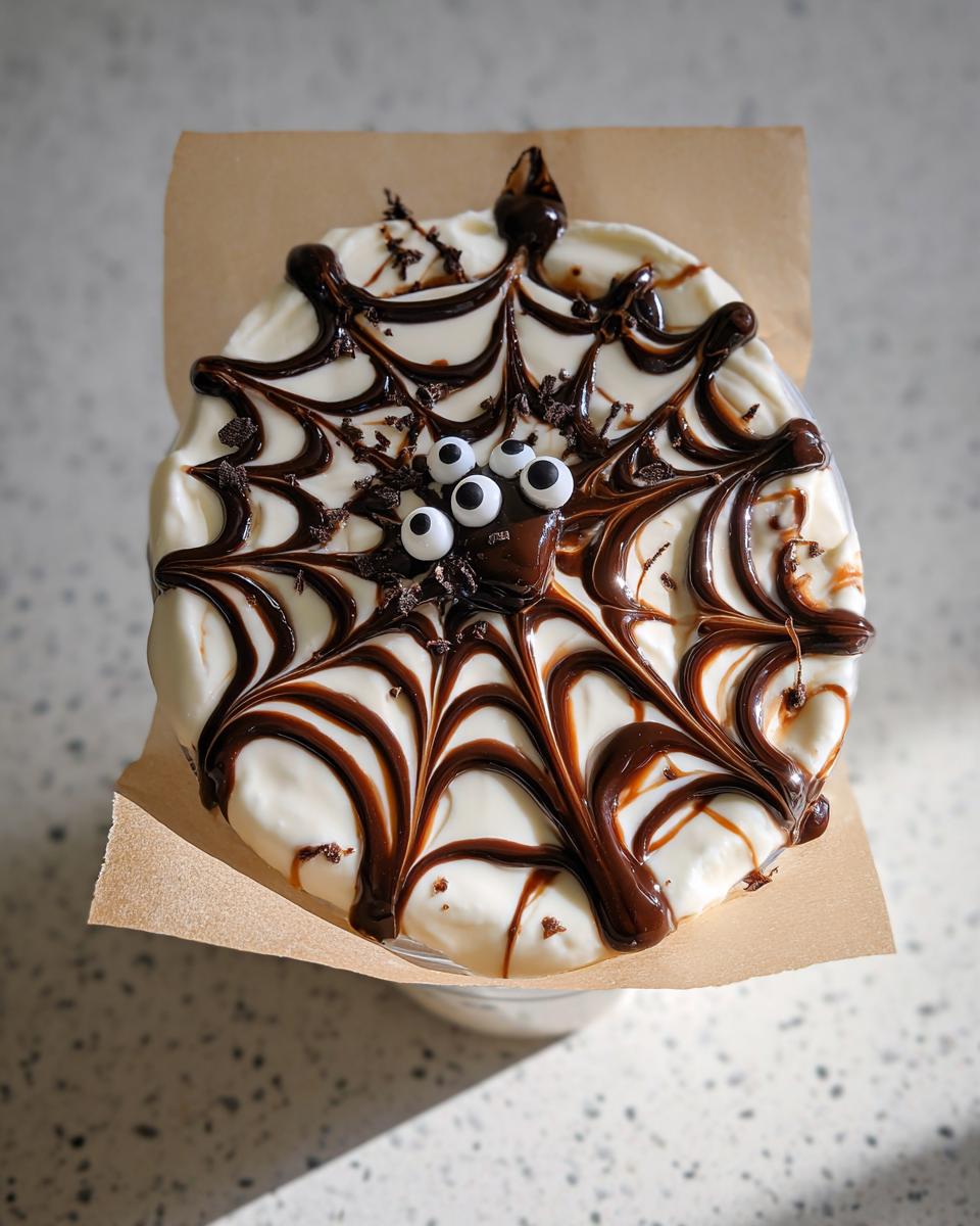 Overhead view of a Spider Web Yogurt Parfait with chocolate web design and candy eyes.