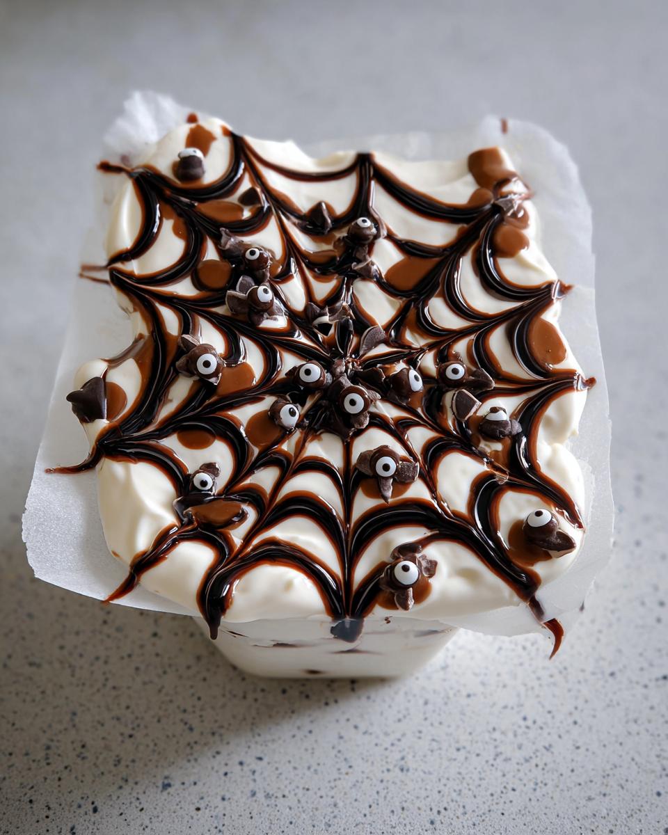 Overhead view of a Spider Web Yogurt Parfait decorated with chocolate syrup and candy eyes.