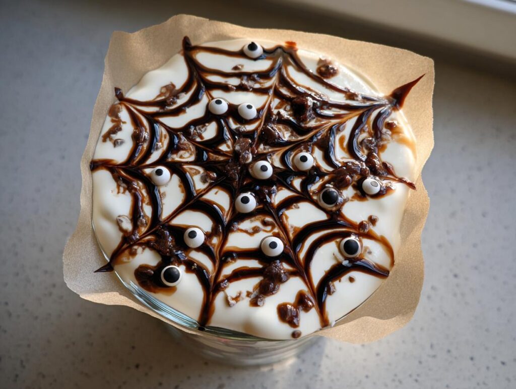 Overhead view of a Spider Web Yogurt Parfait topping with chocolate spiderweb and candy eyes.