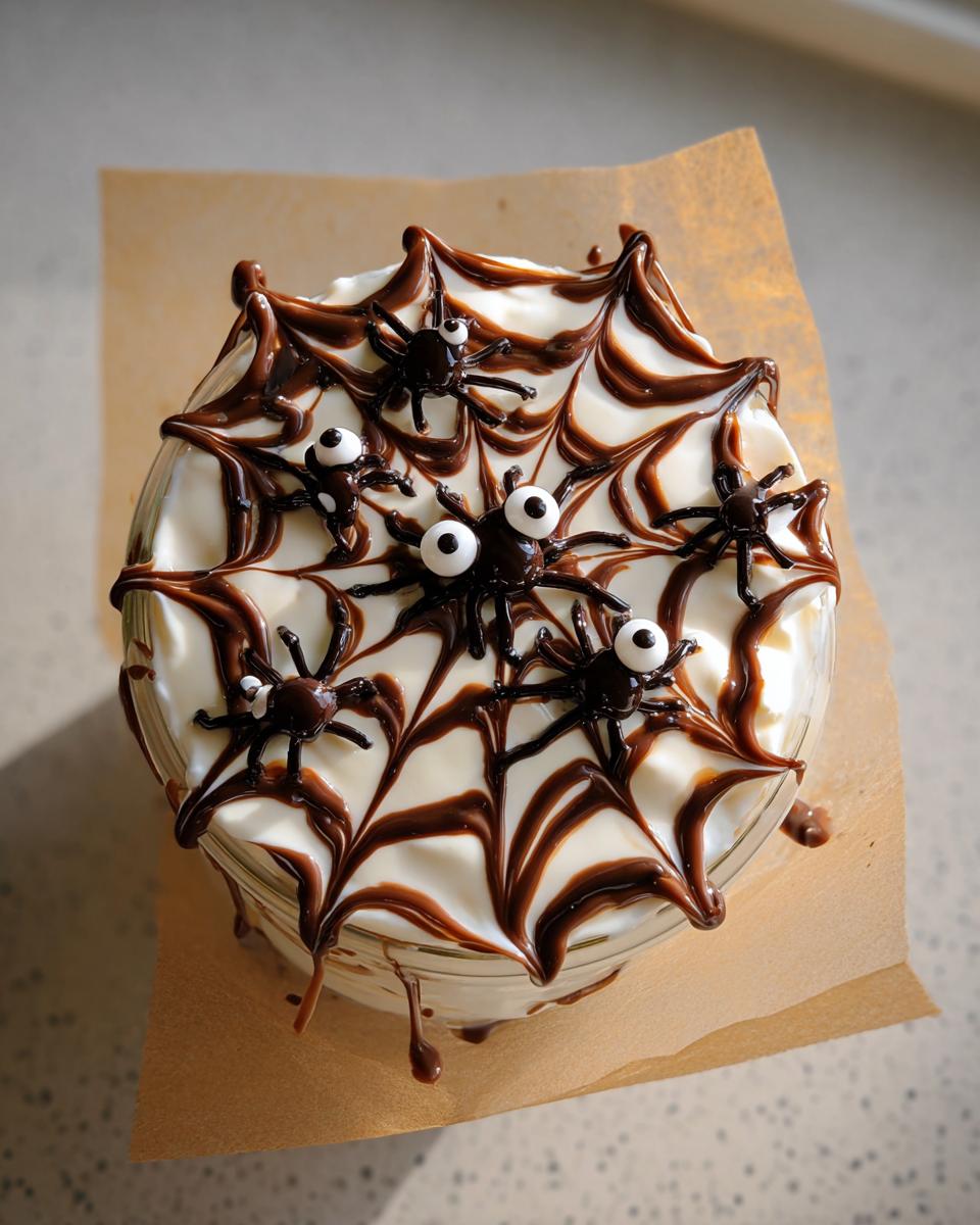 Overhead view of a Spider Web Yogurt Parfait, decorated with chocolate spider web and candy spiders.